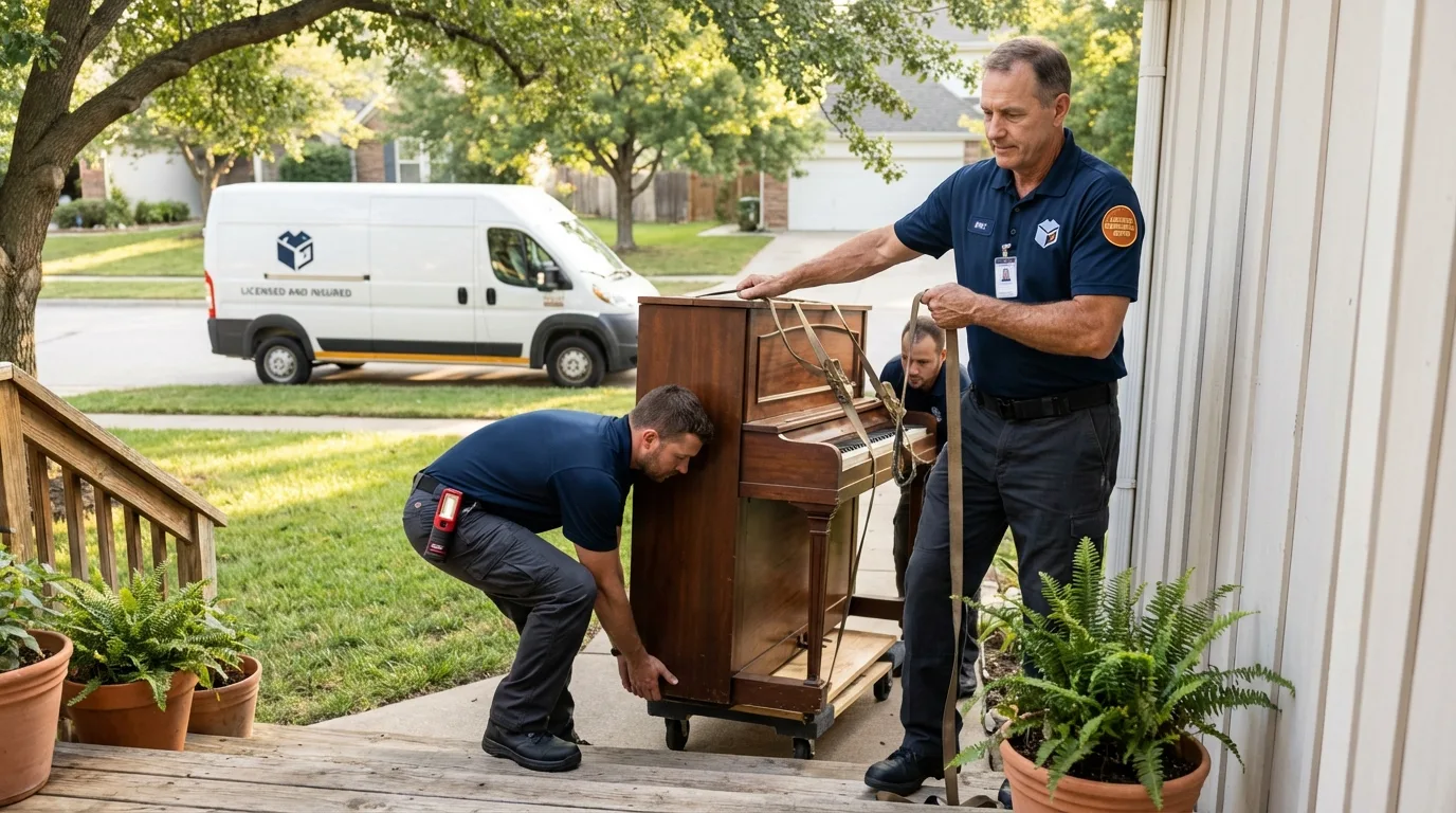 Licensed piano movers securing grand piano in Mullins, SC