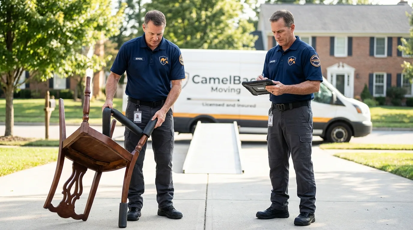 Movers inspecting furniture for damage prevention before loading in Mullins, SC