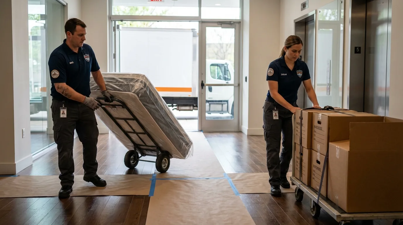 Professional apartment movers loading elevator in Mullins, SC